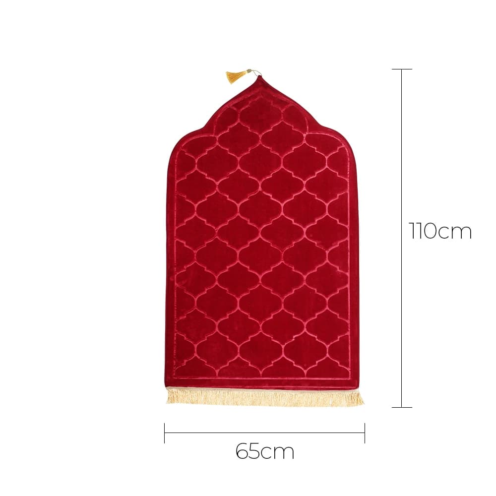Tapete de oração portátil vermelho dobrável em flanela macia com medidas 110cm por 65cm e franja dourada