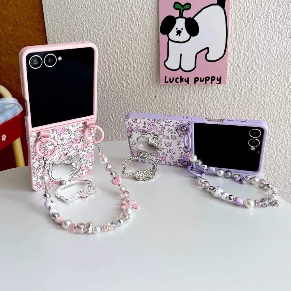 Capas rosa e lilás Hello Kitty com espelho e miçangas para Samsung Galaxy Z Flip, design floral e feminino