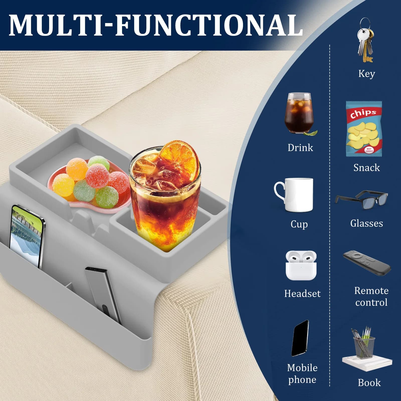Suporte para copos preto multi-funcional com compartimentos para celular, copo, snacks e controle remoto