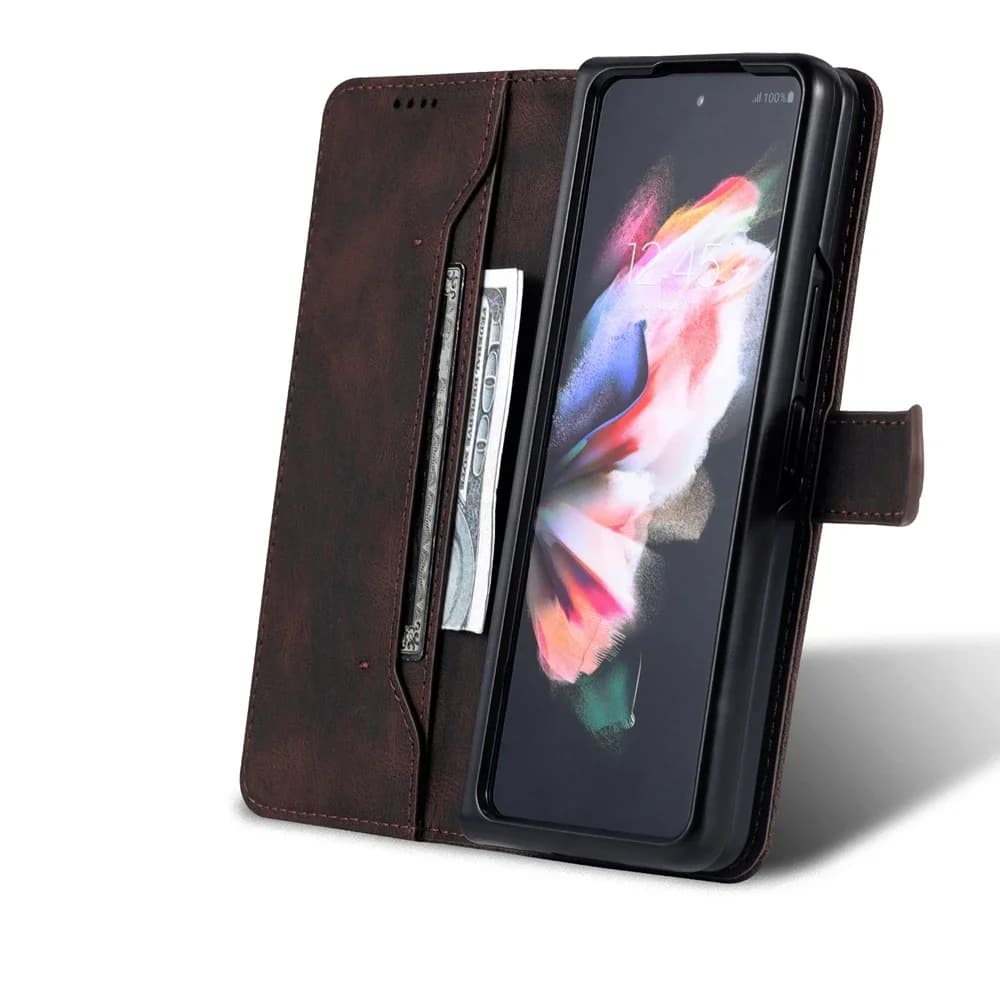 Capa carteira flip preta em couro para Galaxy Z Fold 7 com bolsos para cartões e dinheiro