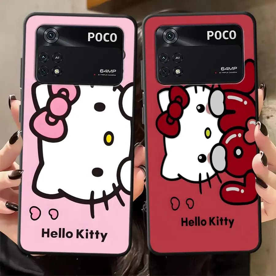 Capa de telefone Hello Kitty para Xiaomi Poco, rosa e preto com design de Hello Kitty