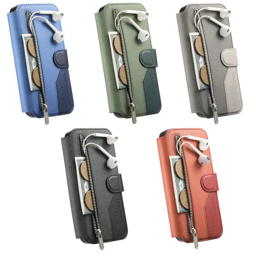 Capa carteira para Xiaomi Redmi Note 14 Pro em azul claro, verde, cinza, preto e laranja com zíper destacável e bolso para dinheiro