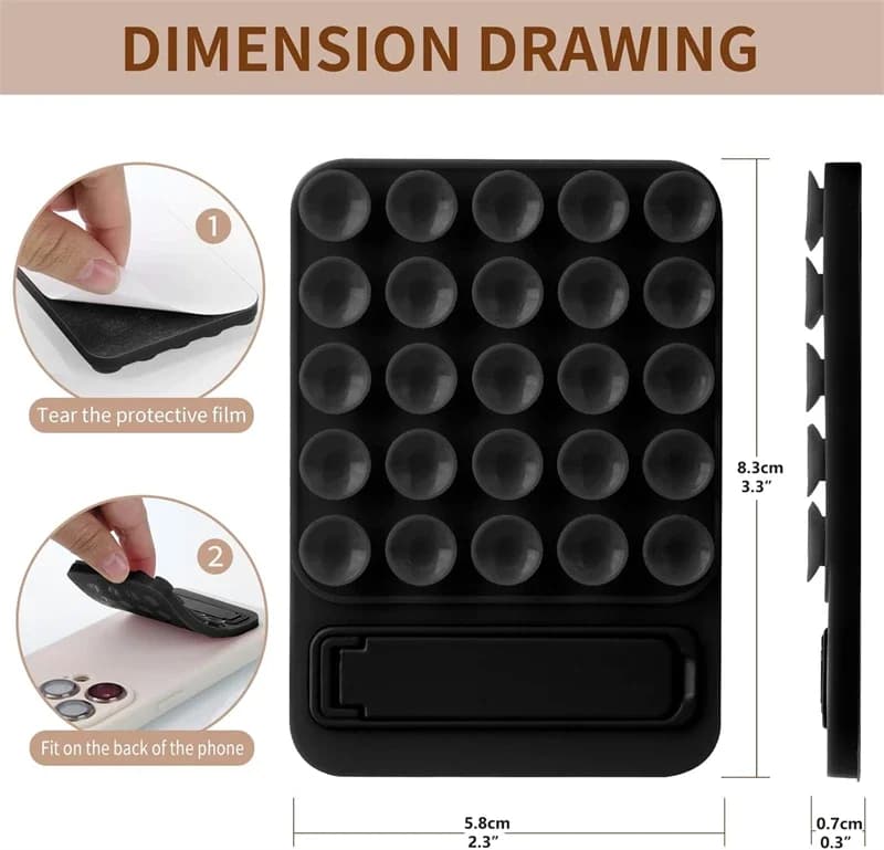 Suporte de sucção preto em silicone com dimensões detalhadas para capa traseira de iPhone 15