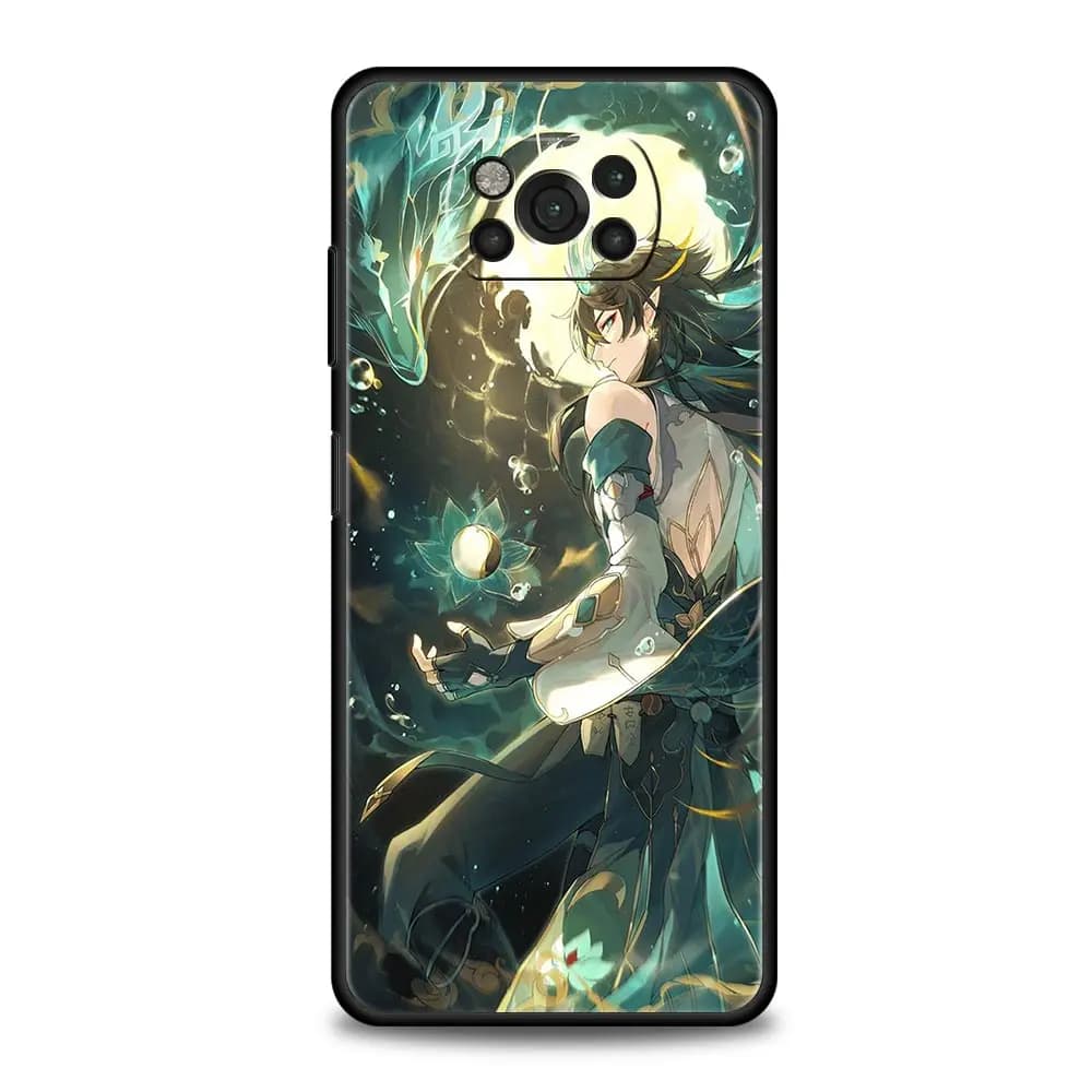 Capa para Xiaomi Poco com design colorido do personagem Zhongli de Genshin Impact em pose lateral