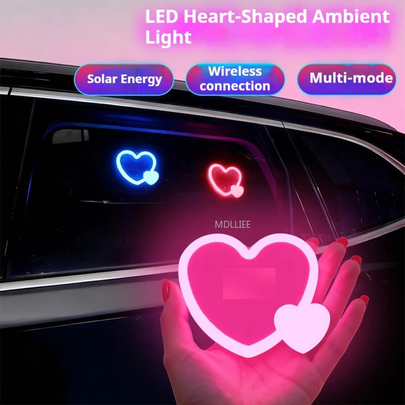 Luz Neon Solar para Carro em Formato de Coração, Multicolorida, com Ventosa