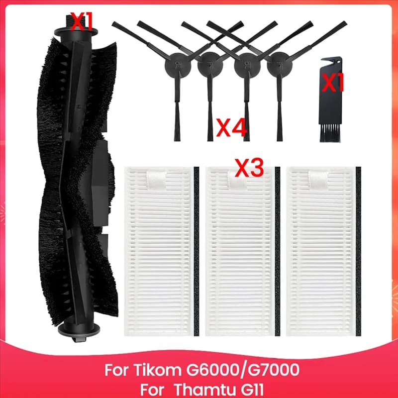 Kit completo com escovas laterais, escova principal, filtros e escova de limpeza para robô aspirador Tikom e Thamtu