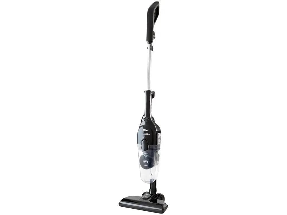 Aspirador de pó vertical Philco com filtro ciclônico, preto e prata, para limpeza de superfícies.