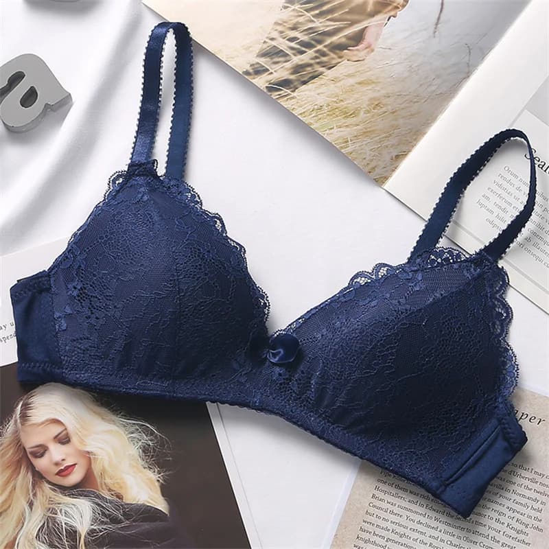 Sutiã feminino push up azul marinho com renda e detalhe de laço, estilo 3/4 cobertura