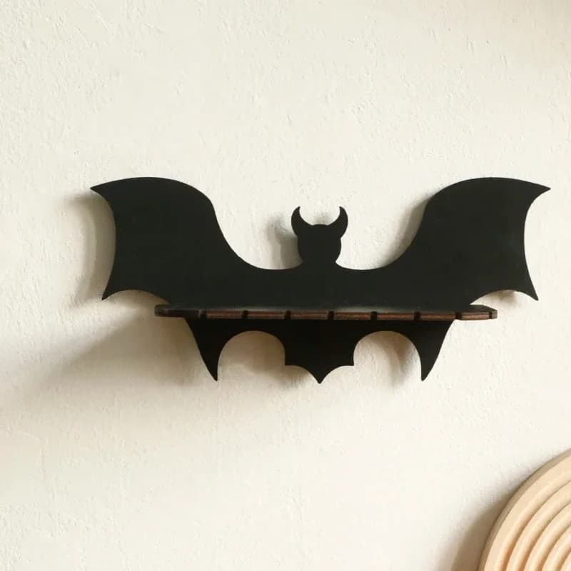 2026 - Prateleira de Madeira Gótica com Morcego, Decoração de Parede, Prateleiras Flutuantes Pretas, Suporte para Cristais, Decoração de Casa de Bruxa, Halloween