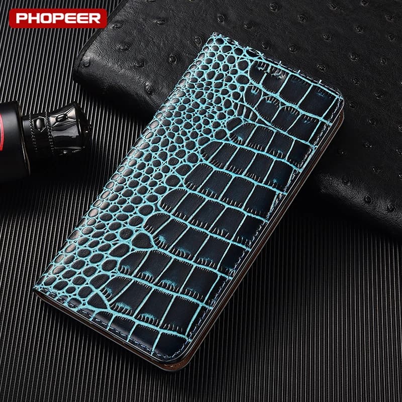 Capa carteira magnética Xiaomi Poco textura crocodilo verde esmeralda em couro genuíno