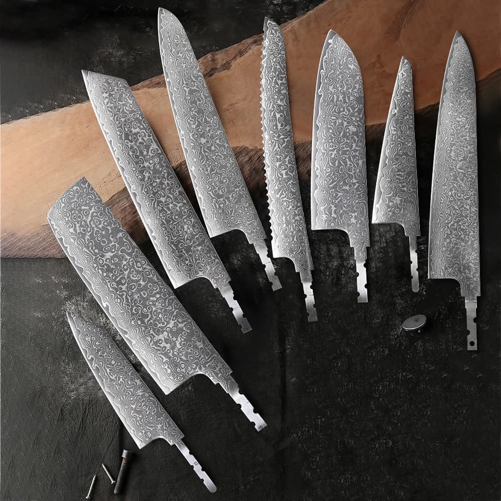 Conjunto de facas de chef japonesas forjadas à mão com lâminas de damasco AUS-10 e cabos de osso