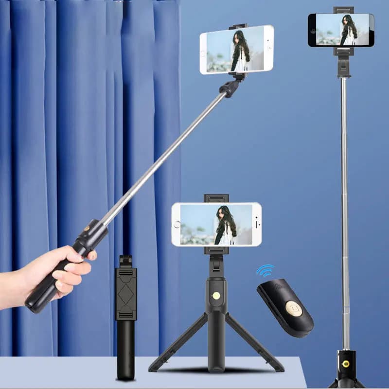 Bastão de selfie retrátil preto com tripé integrado e controle remoto Bluetooth para smartphones