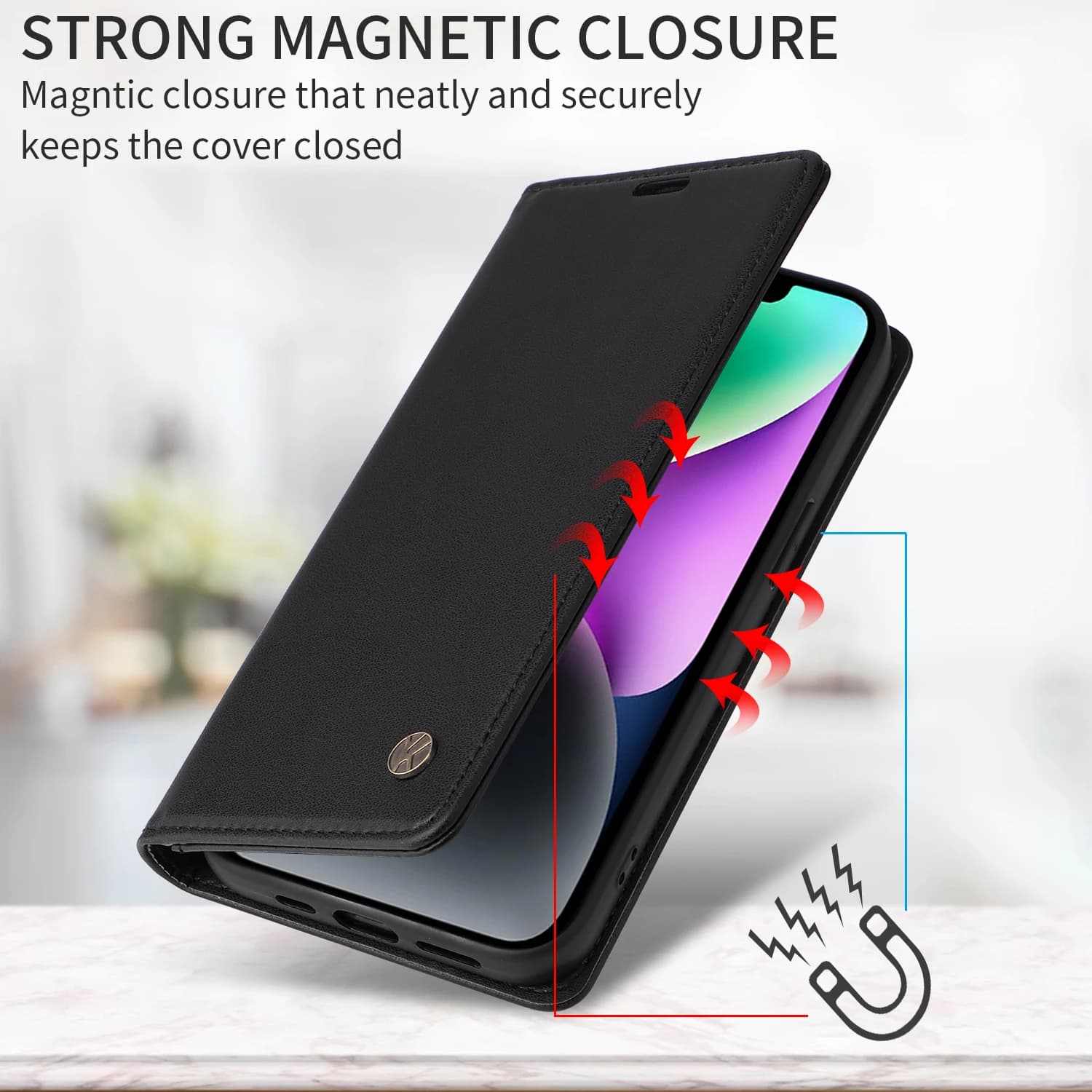Capa carteira preta YIKATU para smartphone com fechamento magnético forte e proteção segura