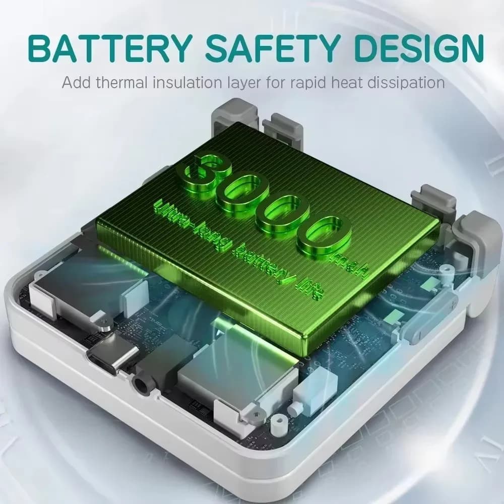 Design de segurança da bateria 3000mAh do console portátil Miyoo Flip V2 com isolamento térmico para dissipação de calor