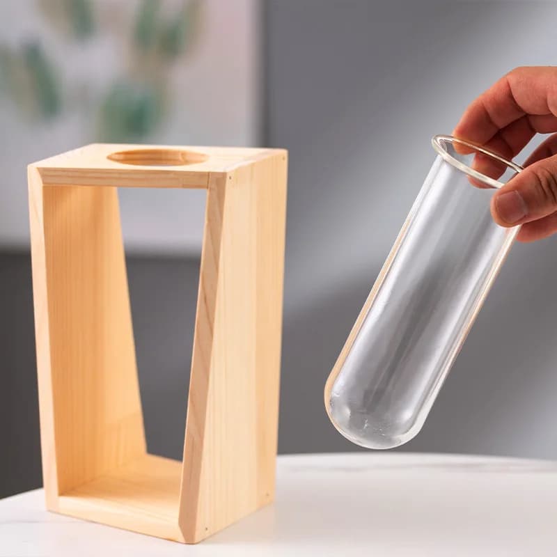 Vasos de madeira com estrutura de teste de tubo de vidro para plantas