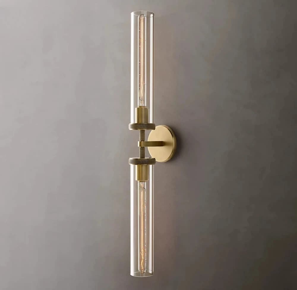 Lâmpada de parede moderna com tubo de vidro transparente e acabamento em bronze
