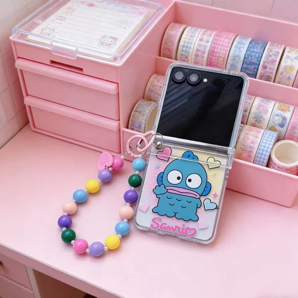 Capa Sanrio Hangyodon transparente para Samsung Galaxy Z Flip com cordão colorido de bolinhas