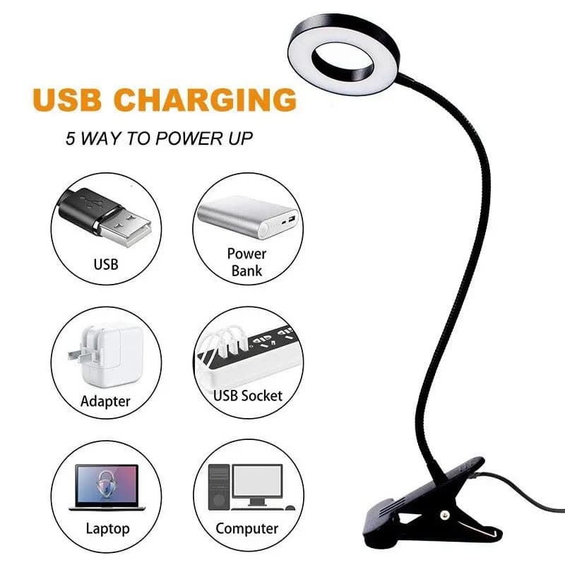 Luminária de mesa LED Jácotei com carregamento USB compatível com power bank, adaptador, laptop e computador
