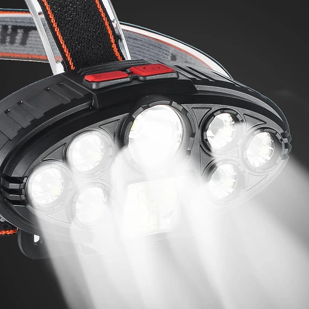 Lanterna de cabeça preta com feixe de luz forte e botões vermelhos para ajuste de iluminação
