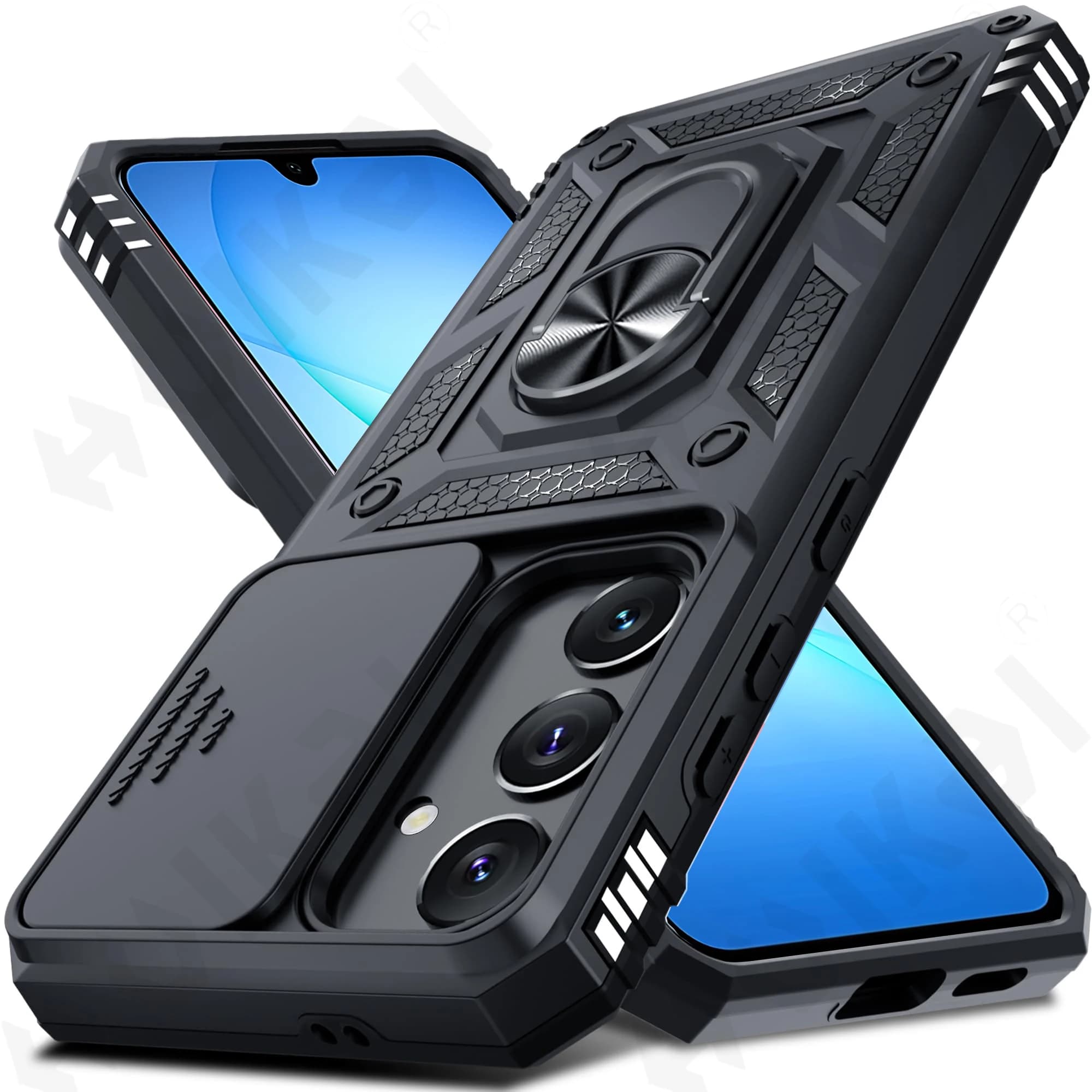 Capa protetora preta para Samsung Galaxy S26, S25, S24, S23 Ultra Plus FE, A17, A37, A57, A56 5G com proteção de grau militar e tampa deslizante para câmera.