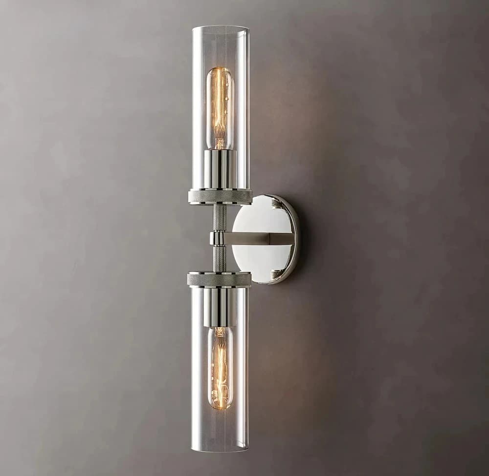 Arandela LED Lambeth design moderno com vidro transparente e estrutura cromada para parede