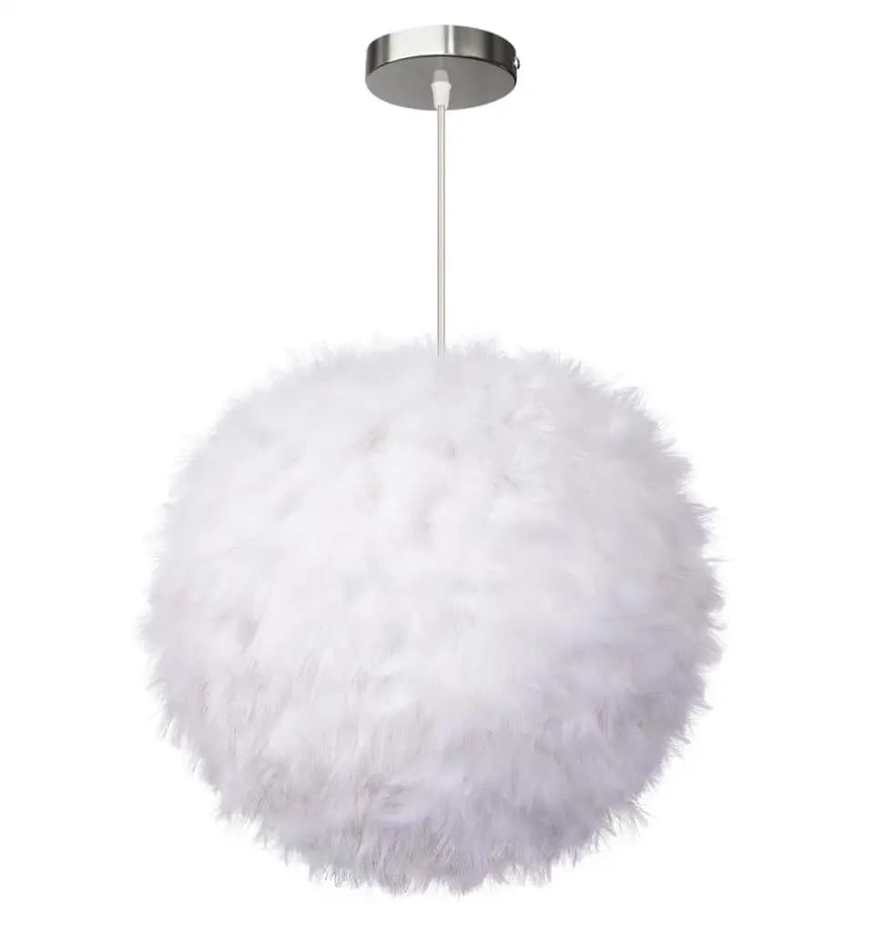 Luminária pendente branca redonda com penas, design moderno e decorativo para ambientes internos