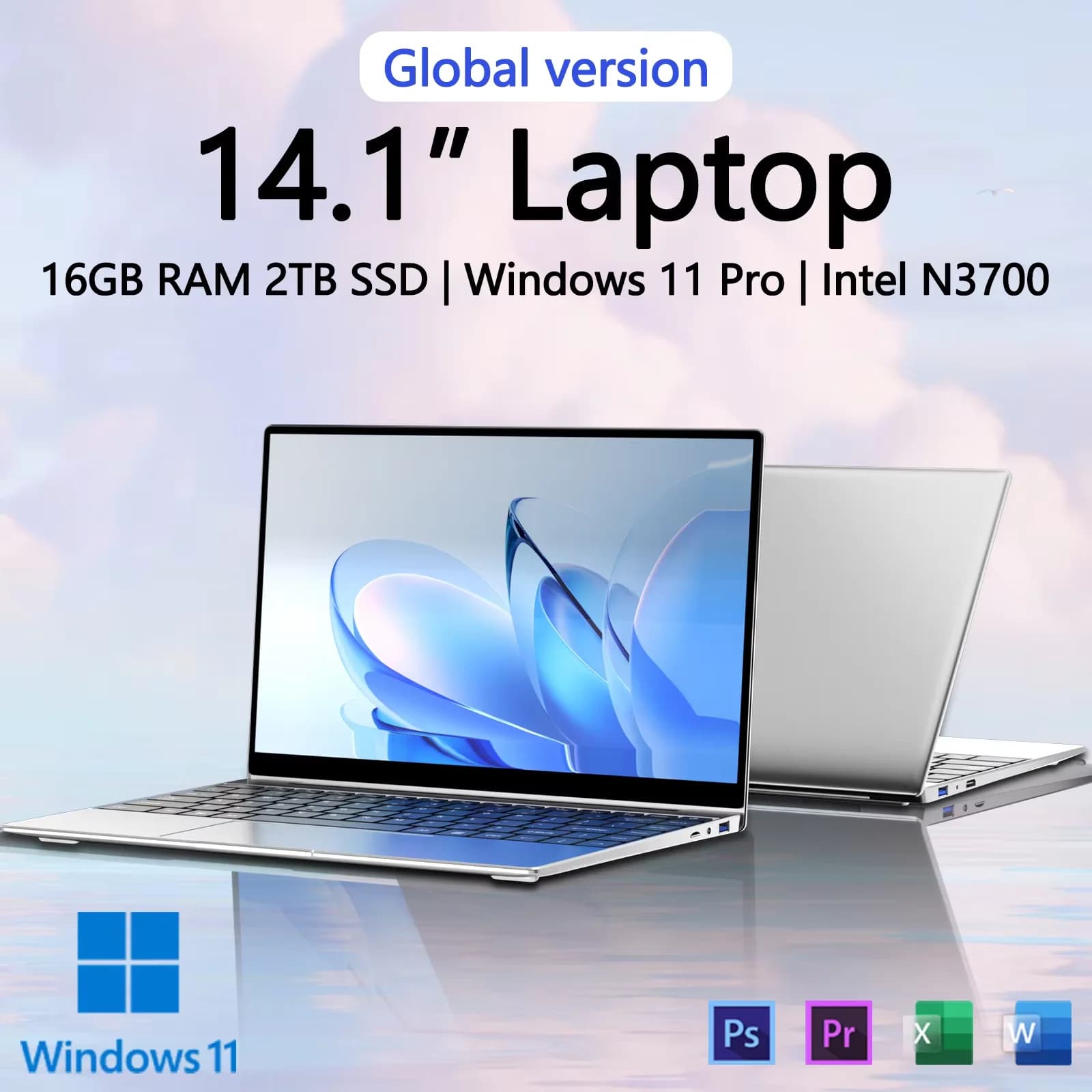 Laptop portátil ultra slim de 14.1 polegadas com 16GB de RAM, 2TB SSD, Intel N3700, Windows 11