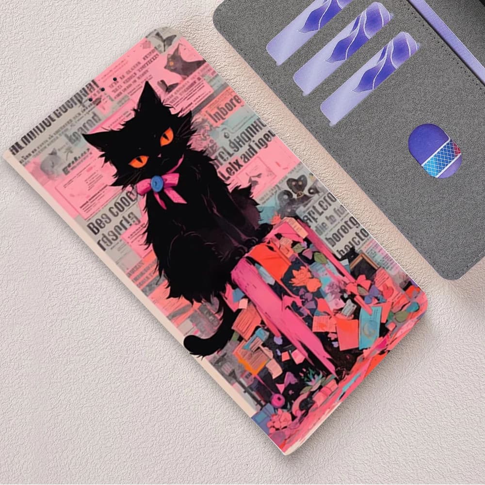 Capa protetora tipo livro com estampa de gato preto e fundo rosa para Xiaomi Poco C85