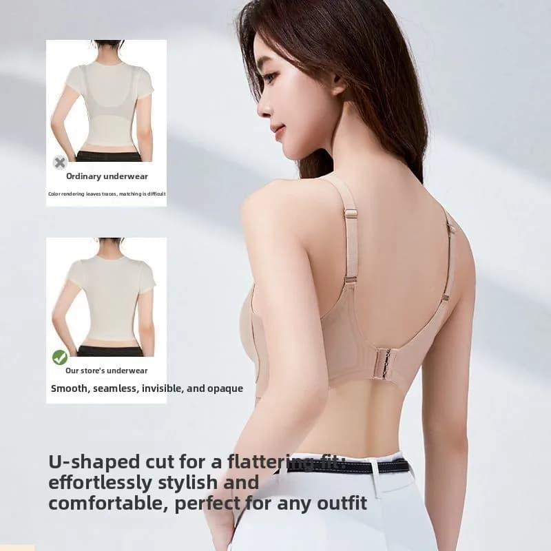 Sutiã bege push-up com corte em U nas costas, sem costura, invisível e confortável para uso diário
