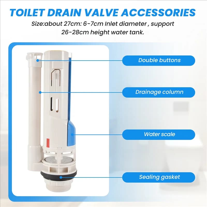 Válvula de drenagem para vaso sanitário branca com botões duplos azul e branco, coluna de drenagem e vedação