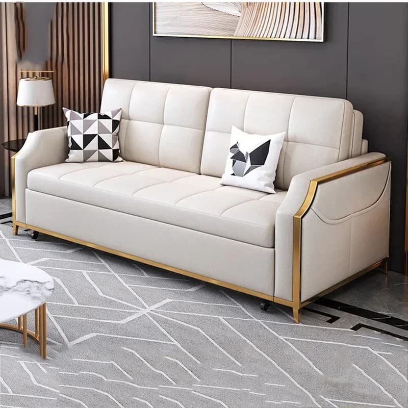 Sofá cama retrátil luxo rainha branco com estrutura metálica dourada e almofadas geométricas