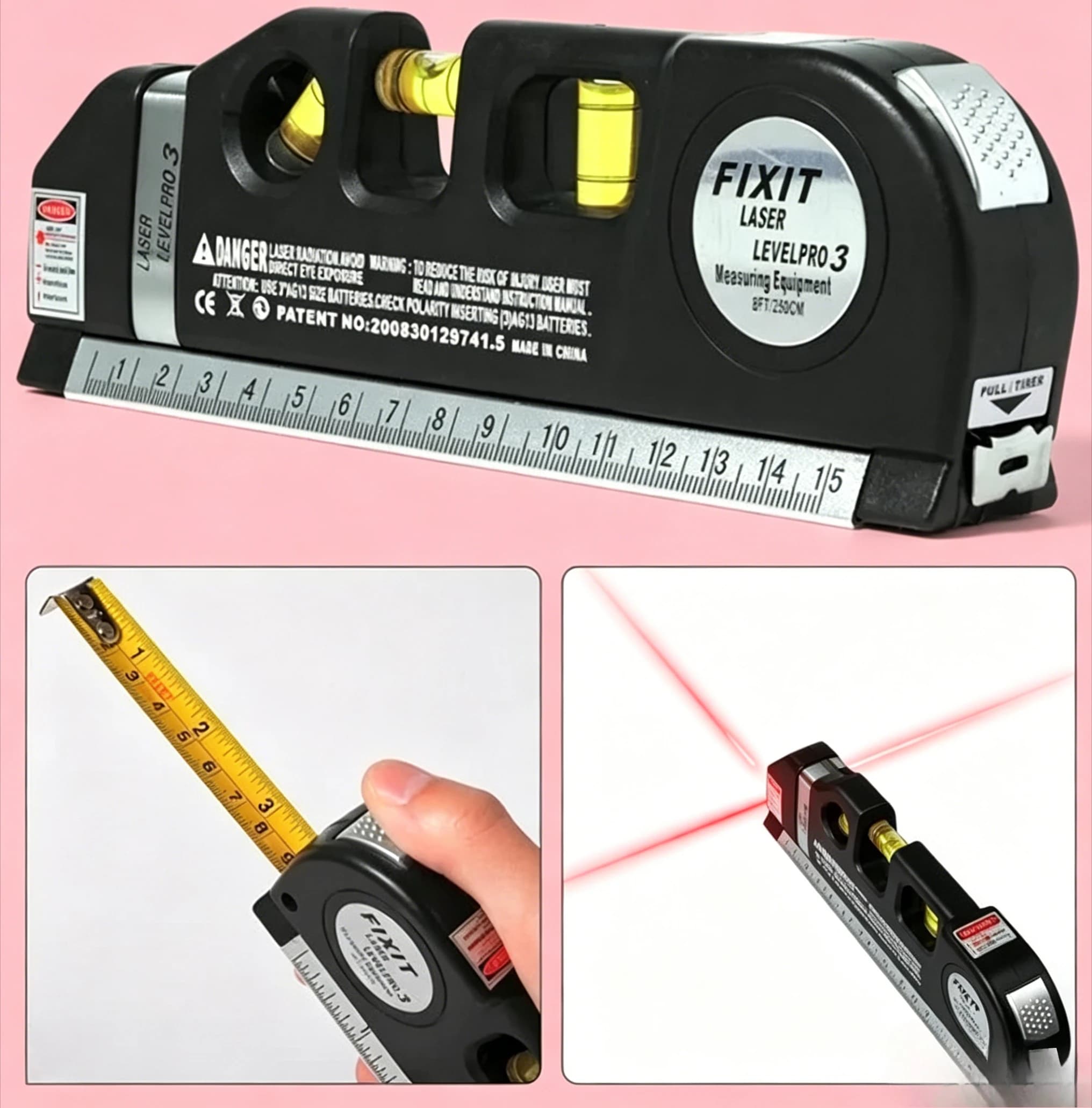 Nível a laser multifuncional com fita métrica de 2,5M e régua profissional - FIXIT LASER LEVELPRO 3
