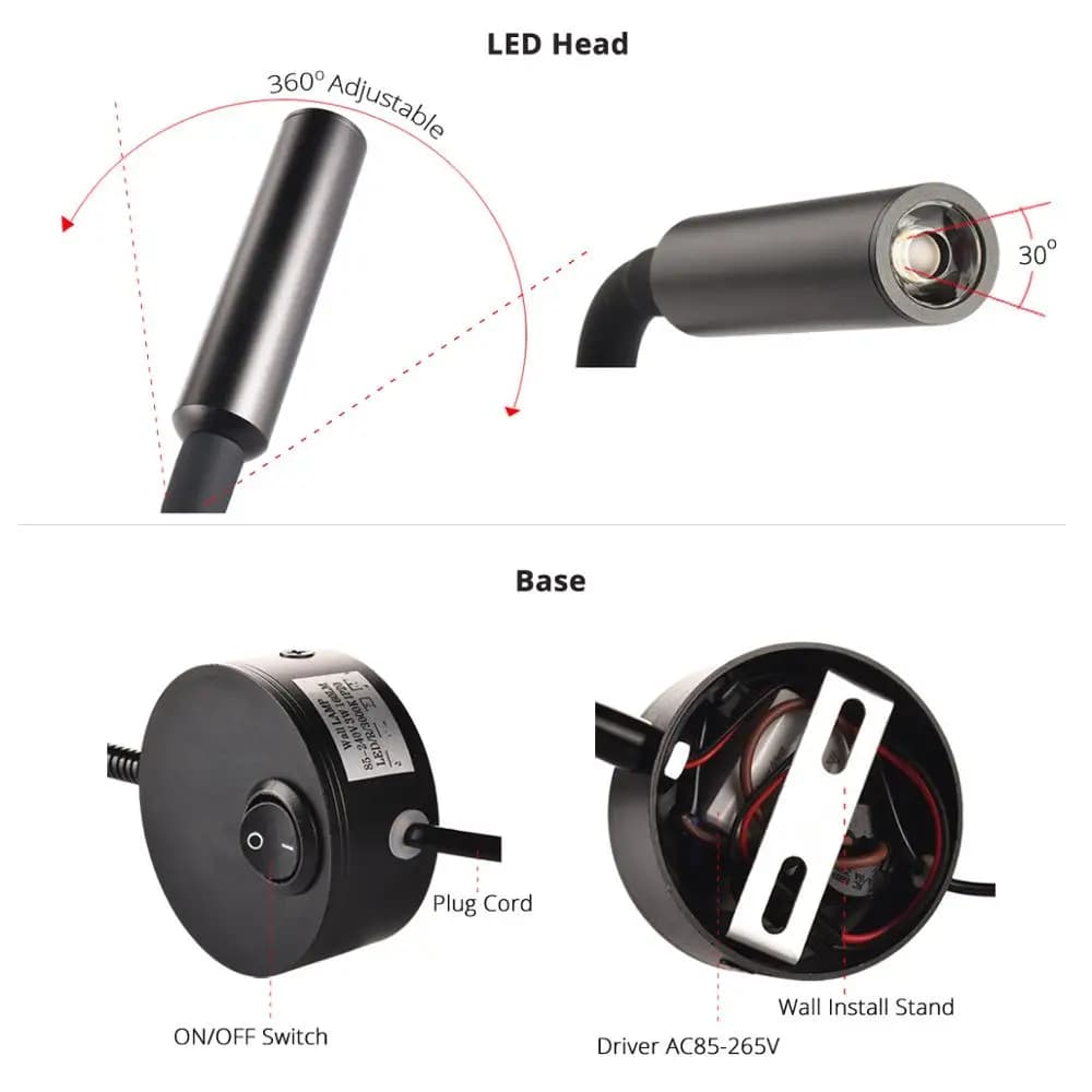 Detalhes da luminária de parede LED 3W com cabeça ajustável 360 graus e base com interruptor on/off