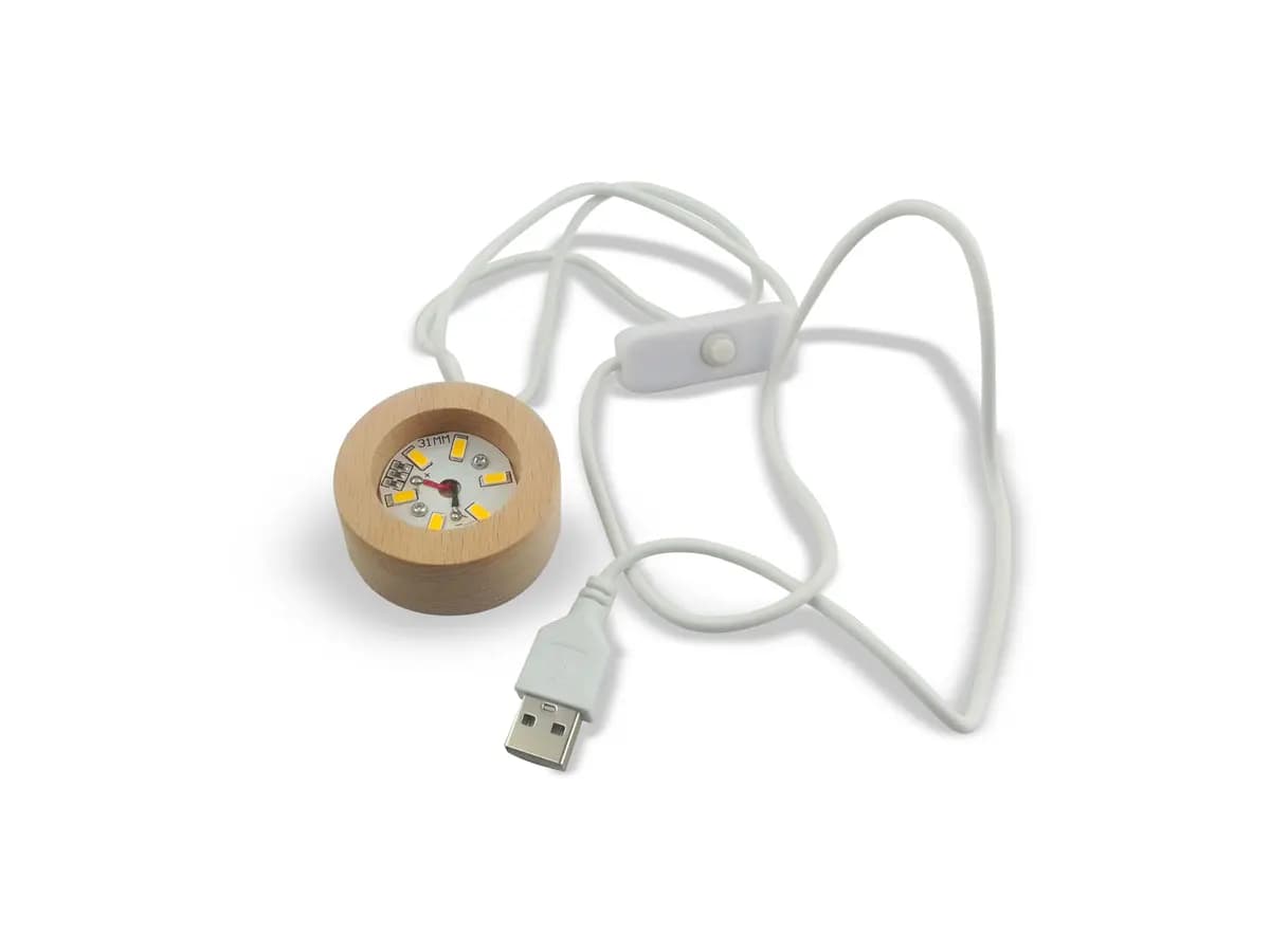 Base de madeira para luminária LED USB com cabo branco e interruptor para globo 3D