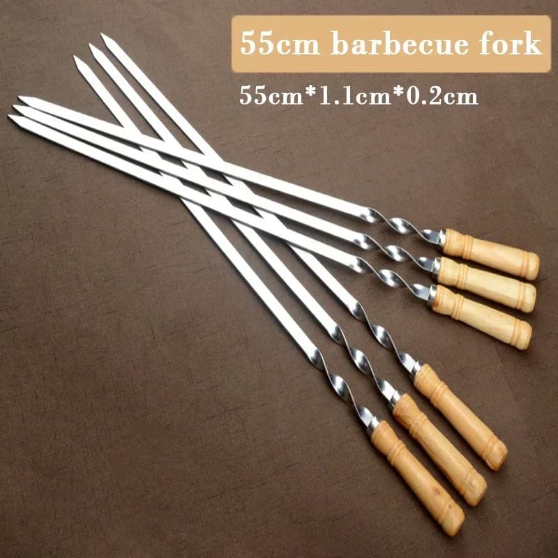 Conjunto de 6 espetos para churrasco com cabo longo de madeira e aço inoxidável prateado 55 cm