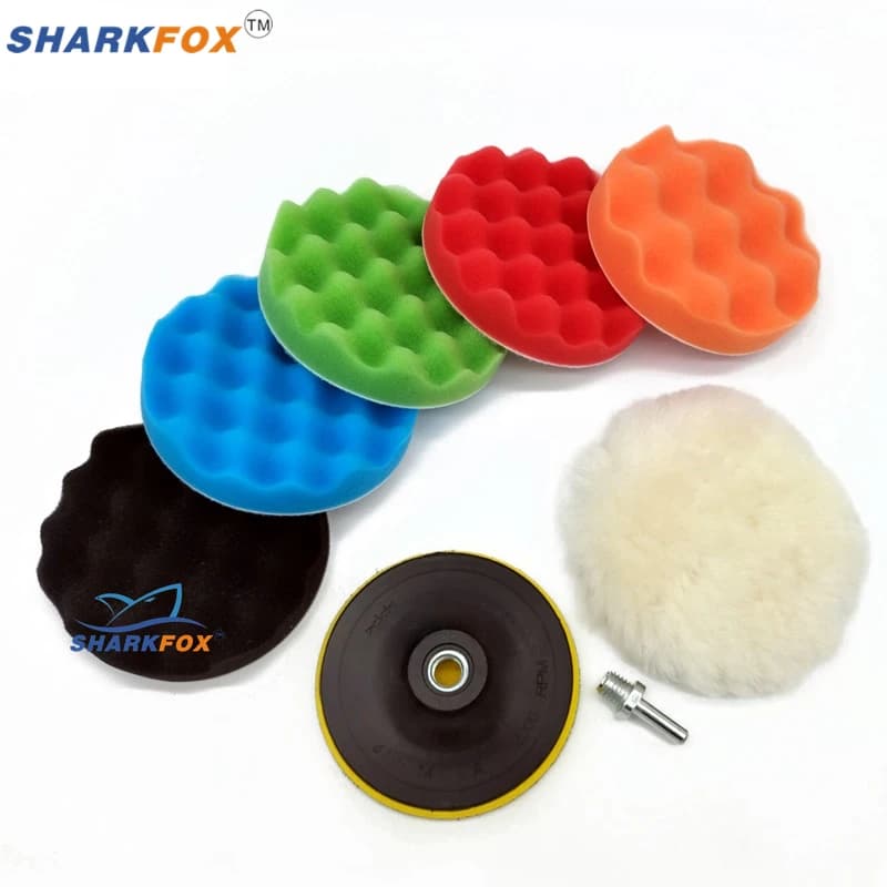 Kit almofadas de polimento automotivo Sharkfox multicoloridas com base e acessório para remoção de arranhões