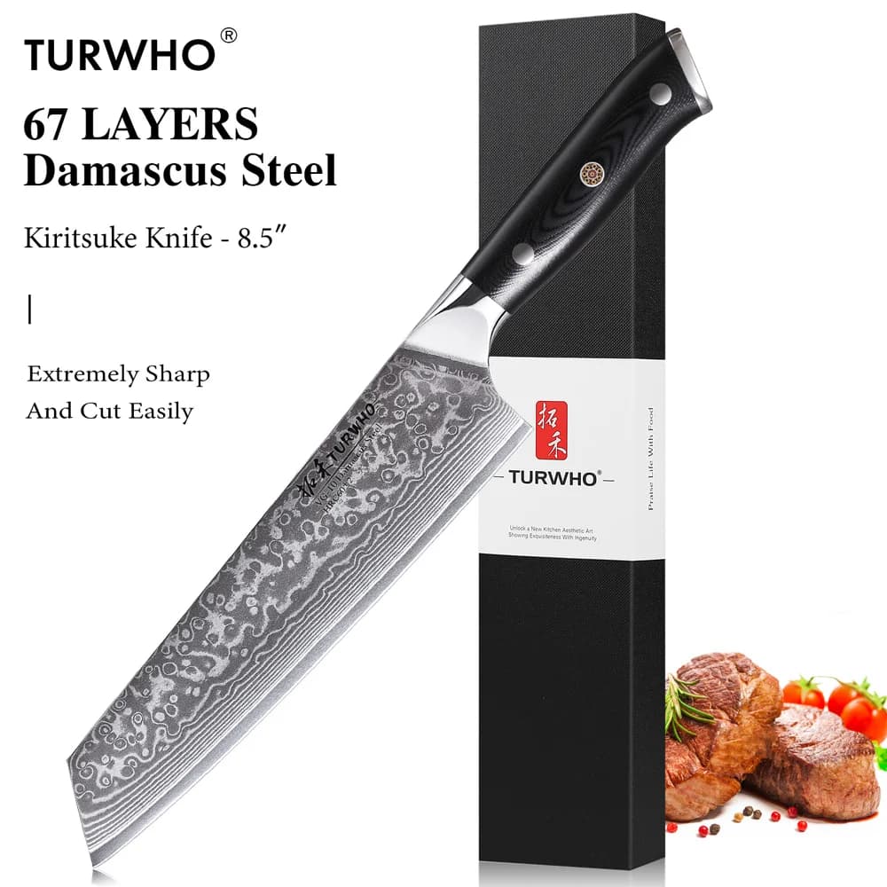 Faca kiritsuke Turwho de 8,5 polegadas, 67 camadas de aço damasco, faca de chef profissional.