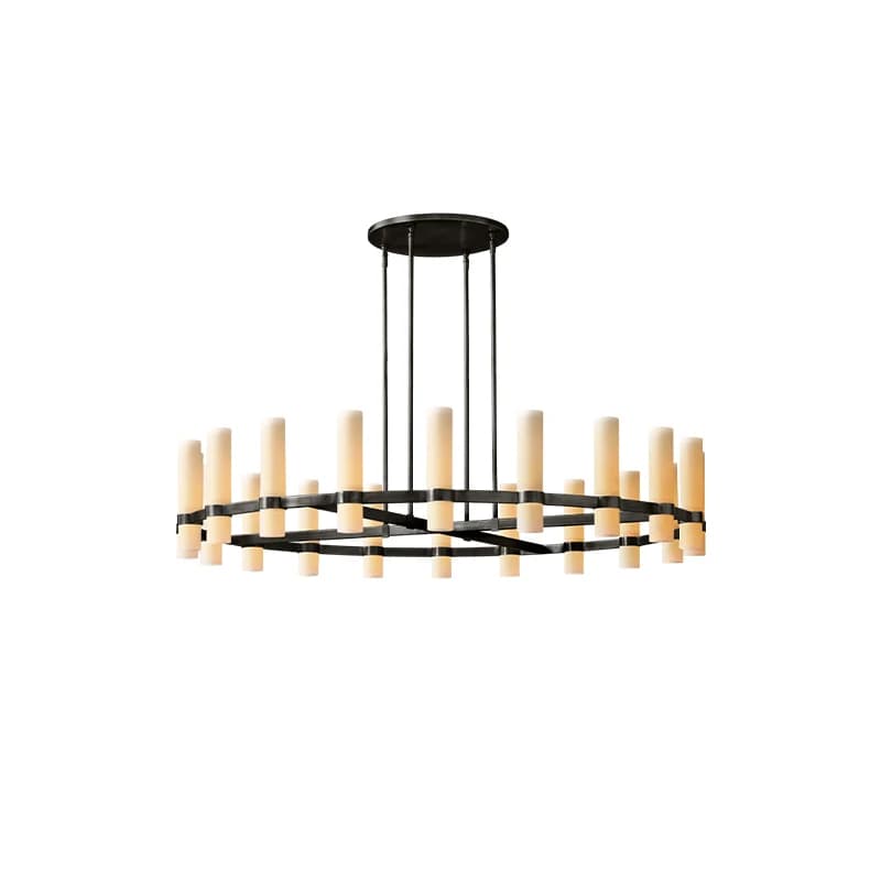 Lustre pendente americano redondo linear em latão preto cromado com iluminação em cúpulas brancas para sala de jantar