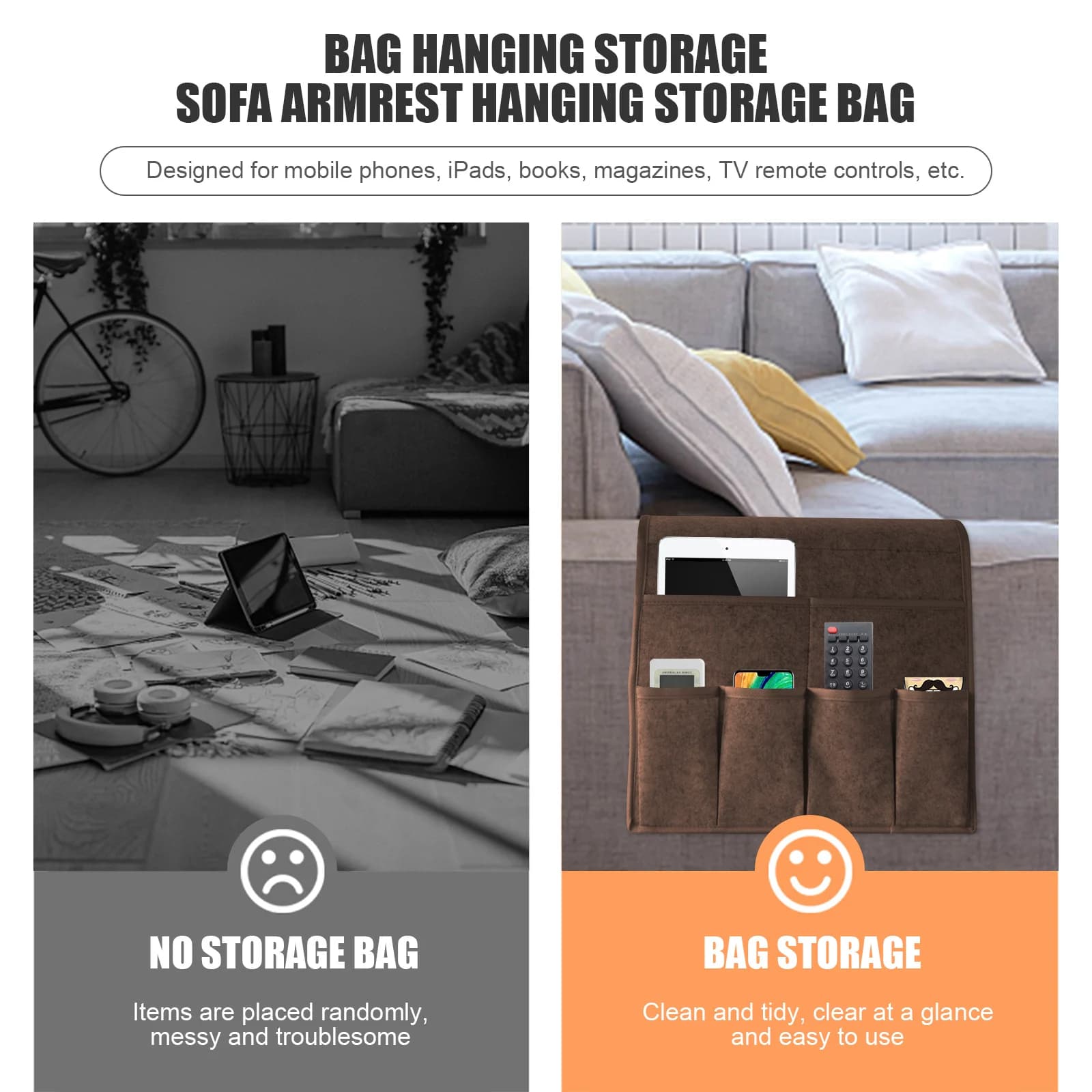 Comparação de ambiente com e sem organizador de sofá marrom com 7 bolsos para manter itens organizados