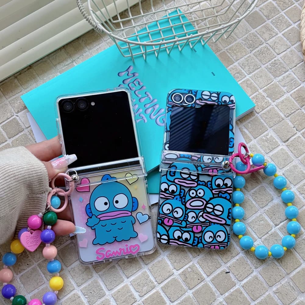 Capa de telefone transparente Sanrio com personagens azuis para Samsung Galaxy Z Flip
