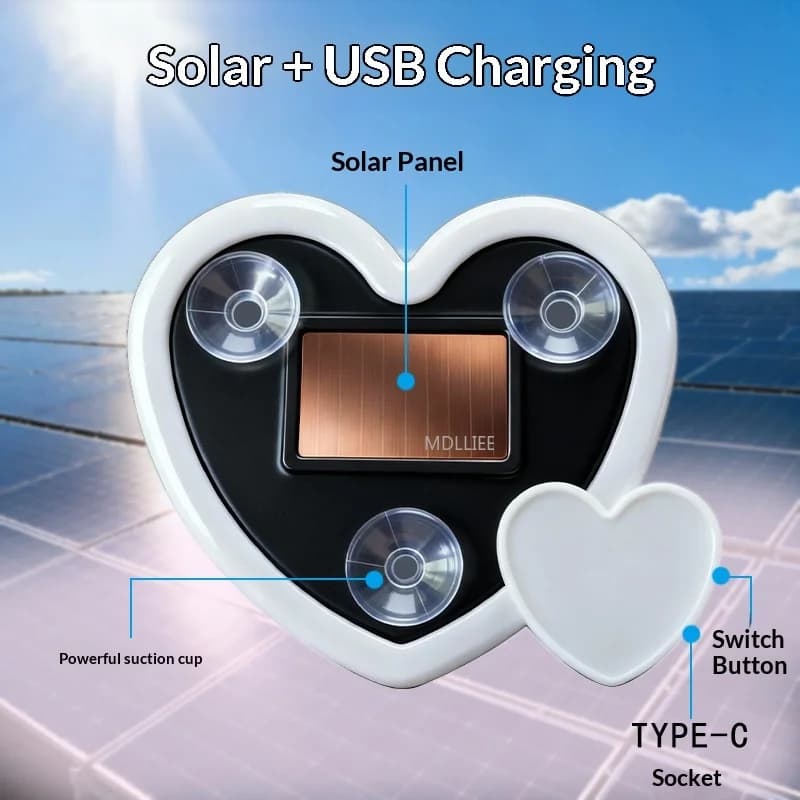 Luz ambiente LED para carro coração com painel solar, ventosas e entrada USB tipo C para recarga