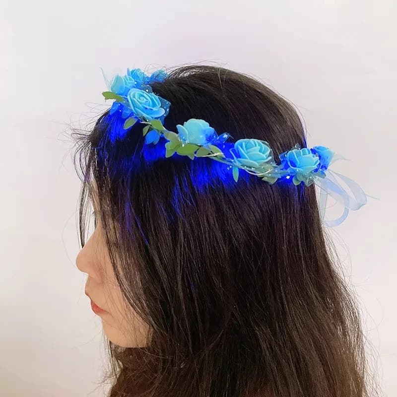 Coroa de flores azul com luzes LED usada na cabeça, guirlanda luminosa a bateria