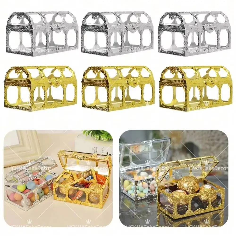Caixas de doces em forma de baú de tesouro em ouro e prata para casamentos e decorações