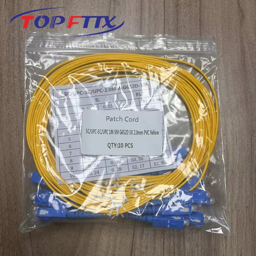 Pacote de 10 cabos de remendo de fibra óptica SC/APC UPC, 1/2 metro, OS2 simplex, 2.0mm, com jaqueta amarela.