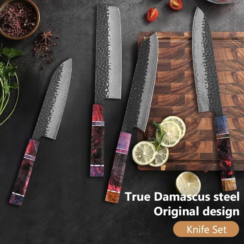 Conjunto de facas de cozinha com cabos coloridos e lâminas de aço damasceno
