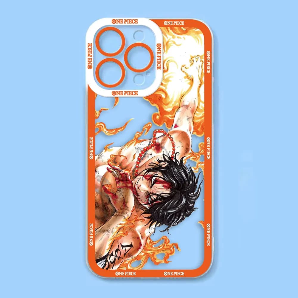 Capa para Xiaomi Redmi Note com arte do personagem Ace em chamas de One Piece e bordas laranja