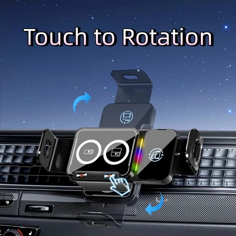 Suporte veicular para smartphone com toque para rotação e ajuste telescópico em preto com carregamento sem fio