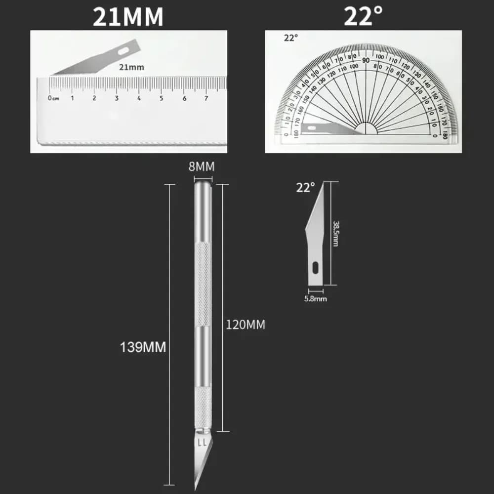 Dimensões do estilete metálico antiderrapante com lâmina de 21mm e ângulo de corte de 22 graus