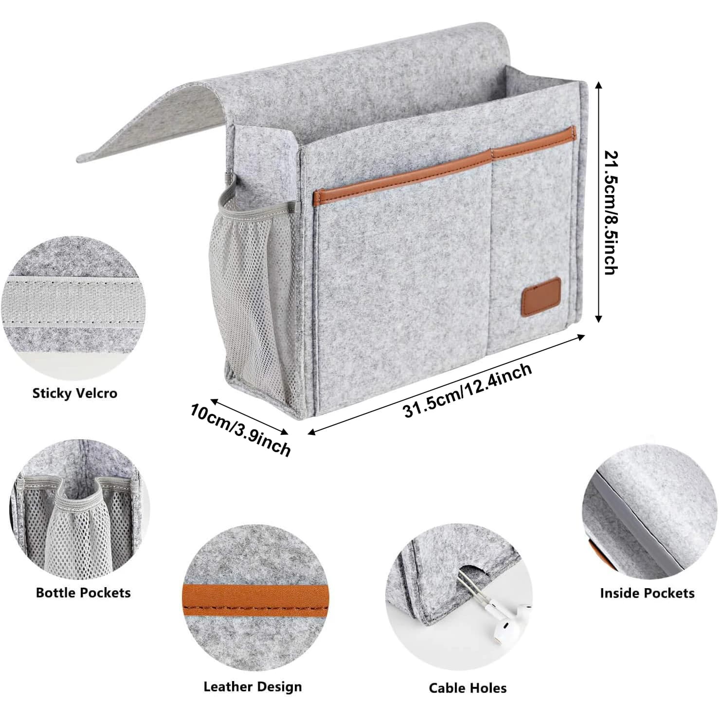Organizador de armazenamento para cama em feltro cinza com 5 bolsos, design em couro e bolsos laterais de rede