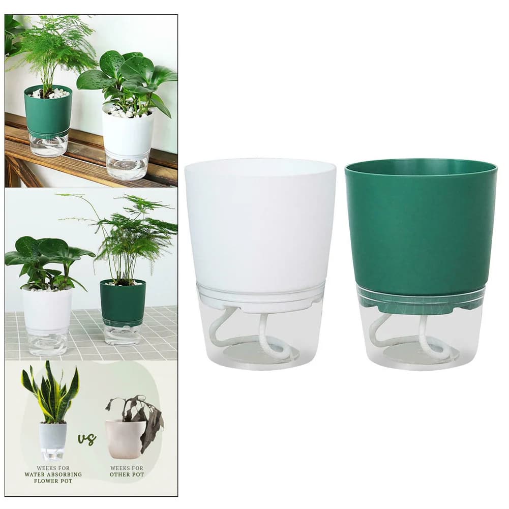 Vaso hidropônico preguiçoso transparente com camada dupla, verde e branco, para absorção de água e rega automática.